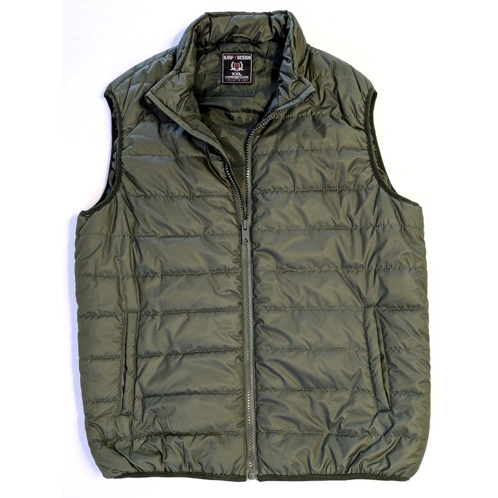 Raw 7 Design Mens Puffer Vest Olive Green XXL Full Zip Waterproof Quilted Jacket
